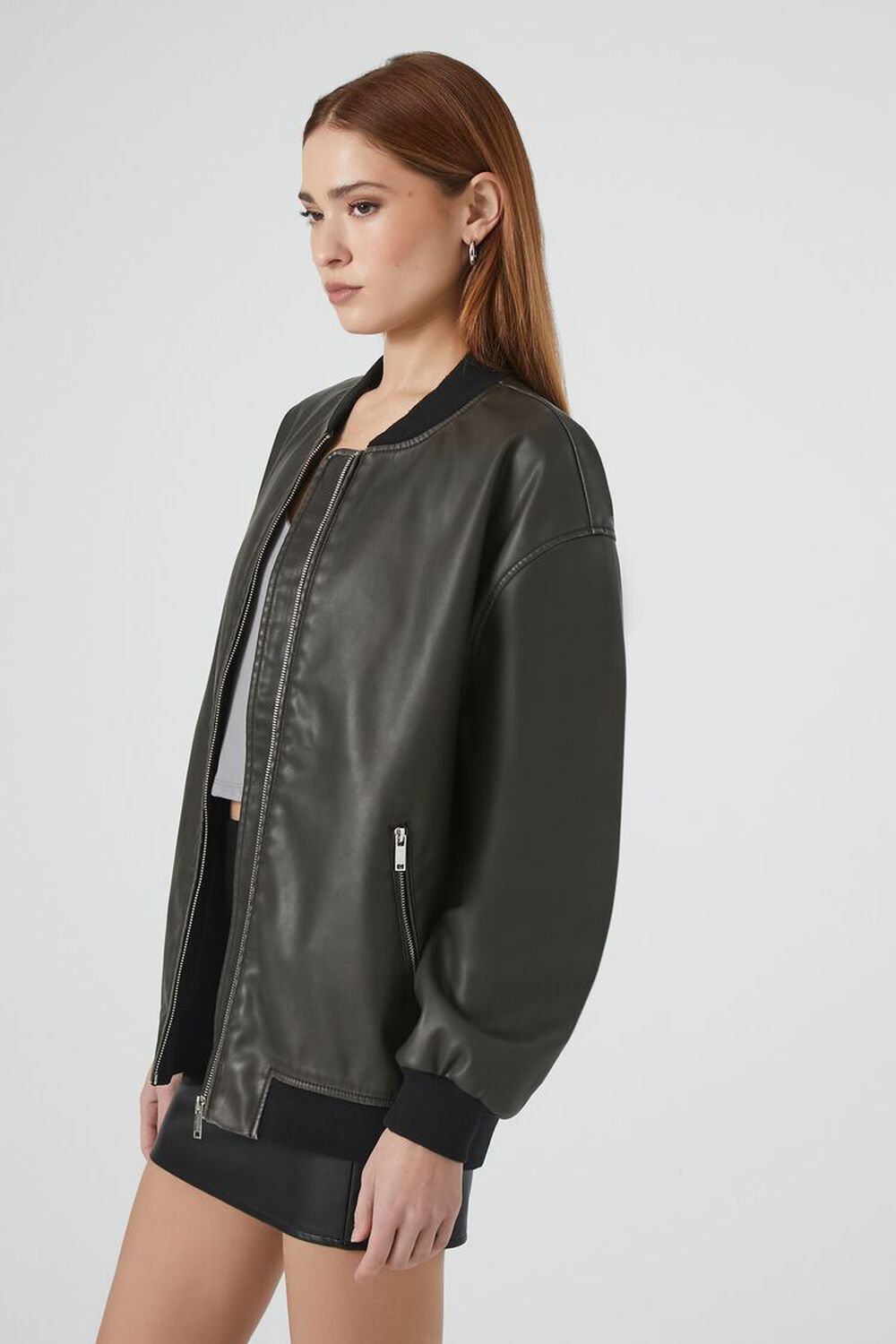 Faux Leather Longline Bomber Jacket